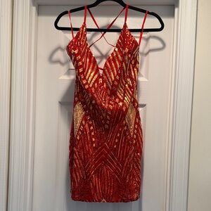 Red and Gold Sequin Strappy Dress